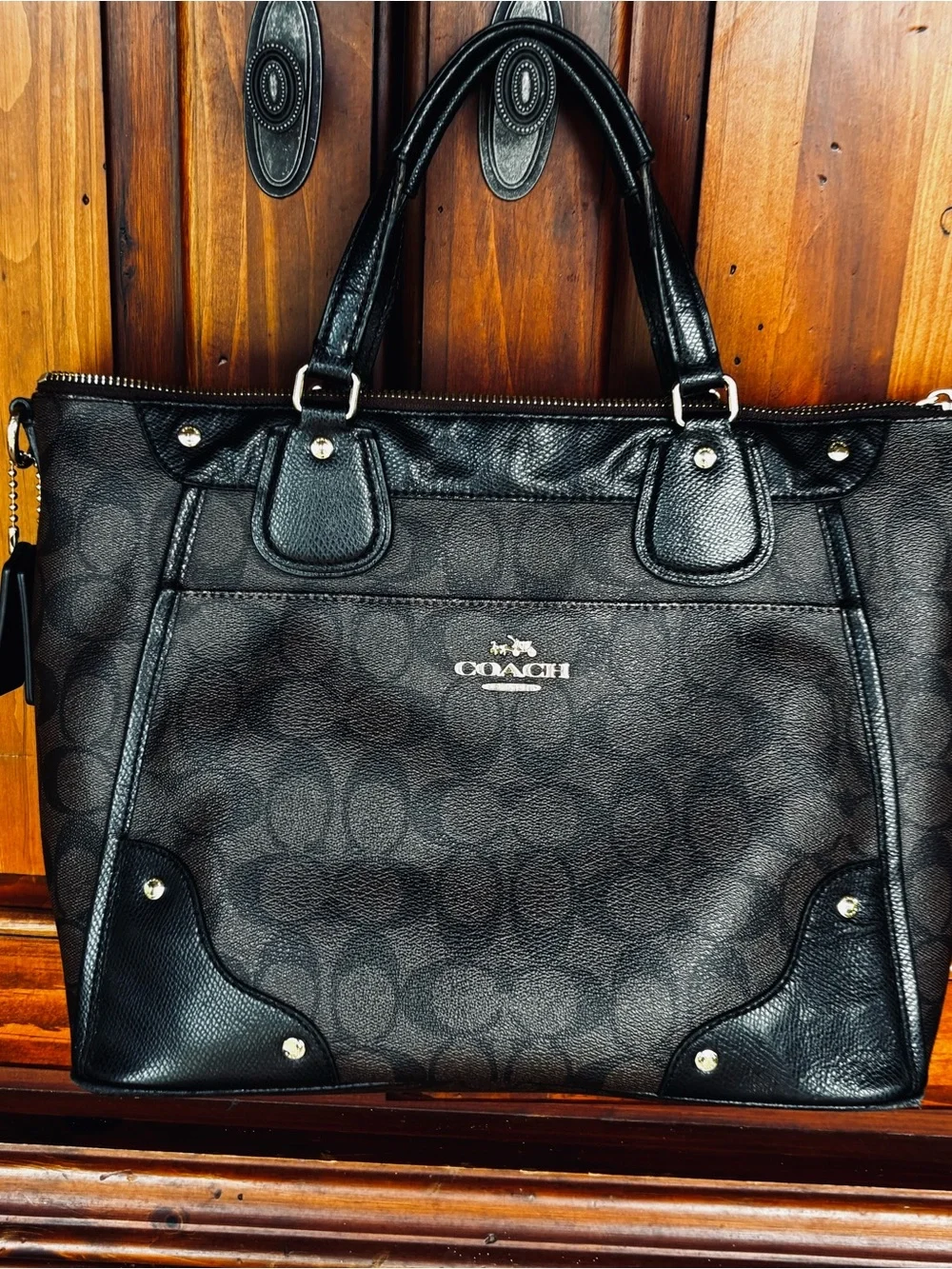 Coach Black Signature Shoulder Tote with Logo Charm